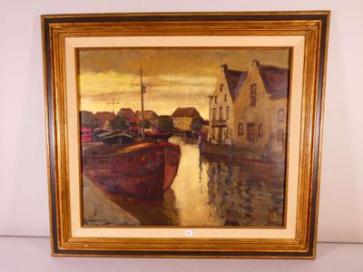 an oil painting of boats in a harbor with buildings in the background
