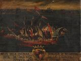 une vieille peinture représentant un bateau au milieu d'un plan d'eau