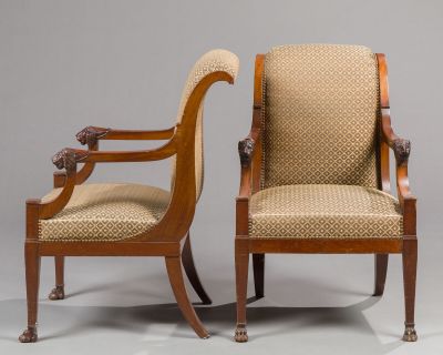 pair of antique chairs with upholstered arms and arms