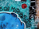 a painting of a blue pig with writing on it