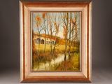 an oil painting of a house in a field with trees in the foreground