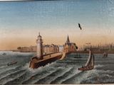 a painting of a lighthouse in the middle of a body of water