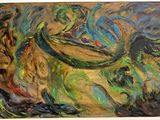 peinture abstraite représentant une femme et un chien dans un champ
