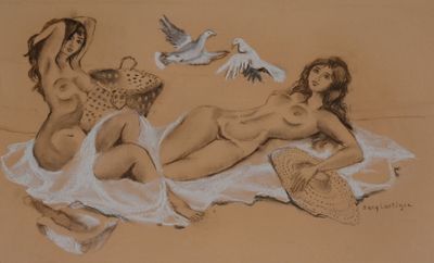 painting of two women laying on a beach with birds flying around them
