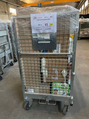 a cart with a lot of items in it in a warehouse