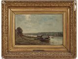 une image d'une peinture représentant un bateau sur une rivière
