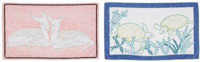 two paintings of animals that are on the wall