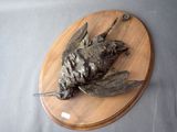 a bronze bird on a wooden plaque on a table