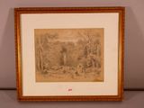 an old drawing of a man and a dog in a wooded area