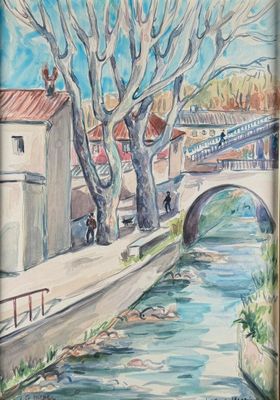tableau représentant une rivière traversant une ville, enjambée par un pont