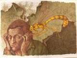 painting of a man with a bug on his head next to a man with a bug on his head