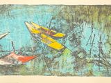 peinture d'un groupe de bateaux flottant sur un plan d'eau