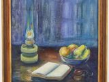 painting of a still life with a book, fruit and a candle