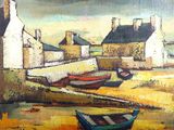 une peinture de bateaux sur la plage près d'un bâtiment
