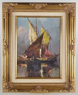 une peinture à l'huile représentant un voilier sur l'eau, avec d'autres bateaux en arrière-plan