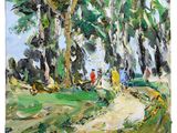 un tableau représentant des personnes marchant sur un sentier dans les bois