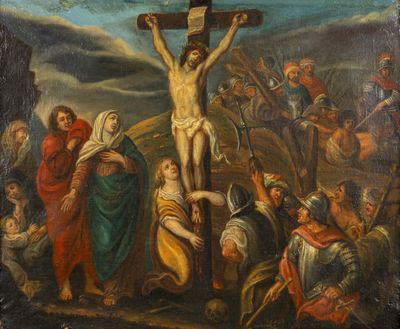 an image of a painting of jesus on the cross with other people
