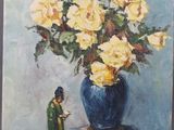 painting of yellow roses in a blue vase with a small figurine