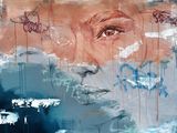 abstract painting of a woman ' s face with graffiti on it