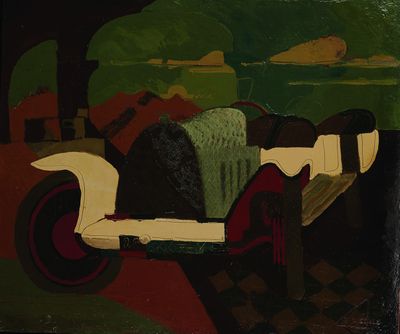 un tableau représentant une vieille voiture, exposé dans un musée