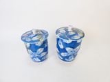 deux vases bleus et blancs ornés de feuilles