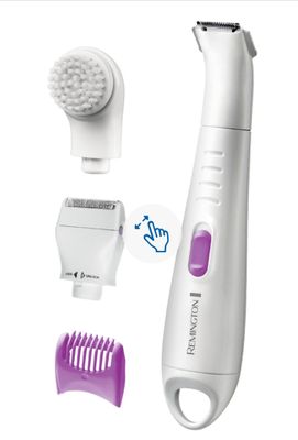 une image représentant un rasoir électrique blanc accompagné d'une brosse violette