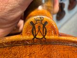a person holding a violin that has a crown on it
