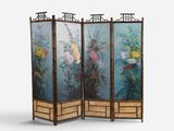 three panel screen with a painting of flowers on a blue background