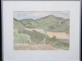 une aquarelle représentant un paysage avec des collines en arrière-plan