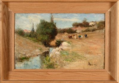 une image d'une peinture de vaches dans un champ