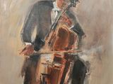une peinture à l'huile représentant un homme jouant du violoncelle, assis sur une chaise