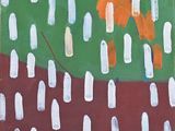 a painting of a person walking in the rain with an orange umbrella