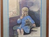 tableau représentant une petite fille avec un chat sur les genoux