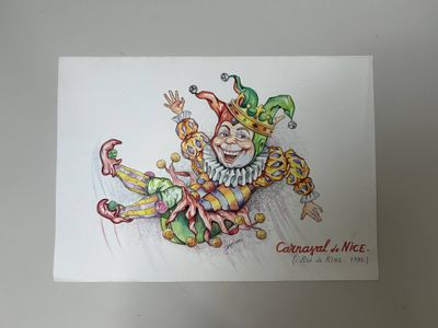 carte de vœux représentant un clown avec un serpent sur le dos