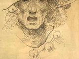 drawing of a man with a hat and a goat ' s face