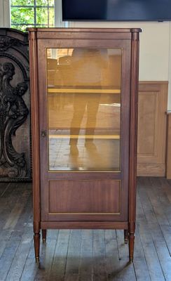 une petite armoire avec une porte vitrée au milieu d'une pièce