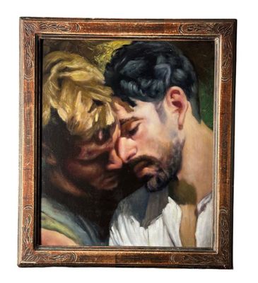 une peinture à l'huile représentant un homme et une femme qui s'embrassent face à face