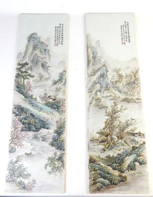 pair of chinese scroll paintings of a mountain landscape