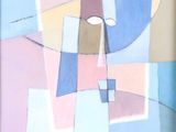 peinture abstraite représentant le visage d'un homme, dans un cadre bleu, rose, jaune et bleu