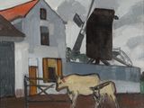 an image of a painting of a cow in front of a barn
