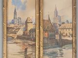 tableau représentant une vue d'une ville et d'une rivière avec un pont