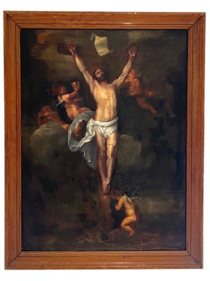 une peinture à l'huile représentant Jésus sur la croix, avec des anges au sol