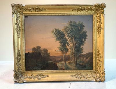 un vieux tableau représentant un paysage avec un oiseau volant près d'un arbre