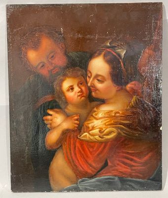 une image représentant un tableau sur lequel figurent une femme tenant un bébé dans ses bras et un homme