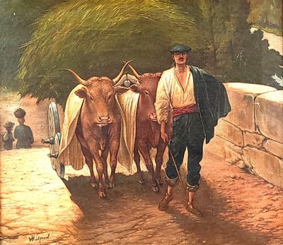 a painting of a man walking two cows down the street