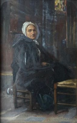 tableau représentant une femme assise sur une chaise dans une église