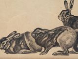 a drawing of a group of rabbits laying on the ground
