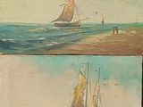 deux tableaux représentant des bateaux en mer, avec des personnes sur le rivage