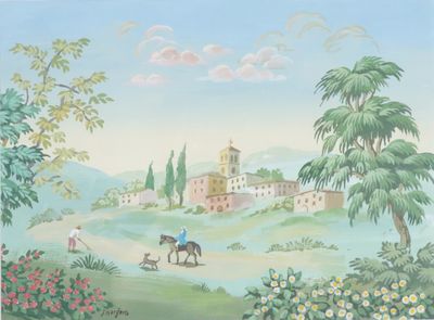tableau représentant une scène de village avec un homme à cheval et une femme promenant son chien