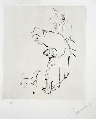 a black and white drawing of a man and a dog